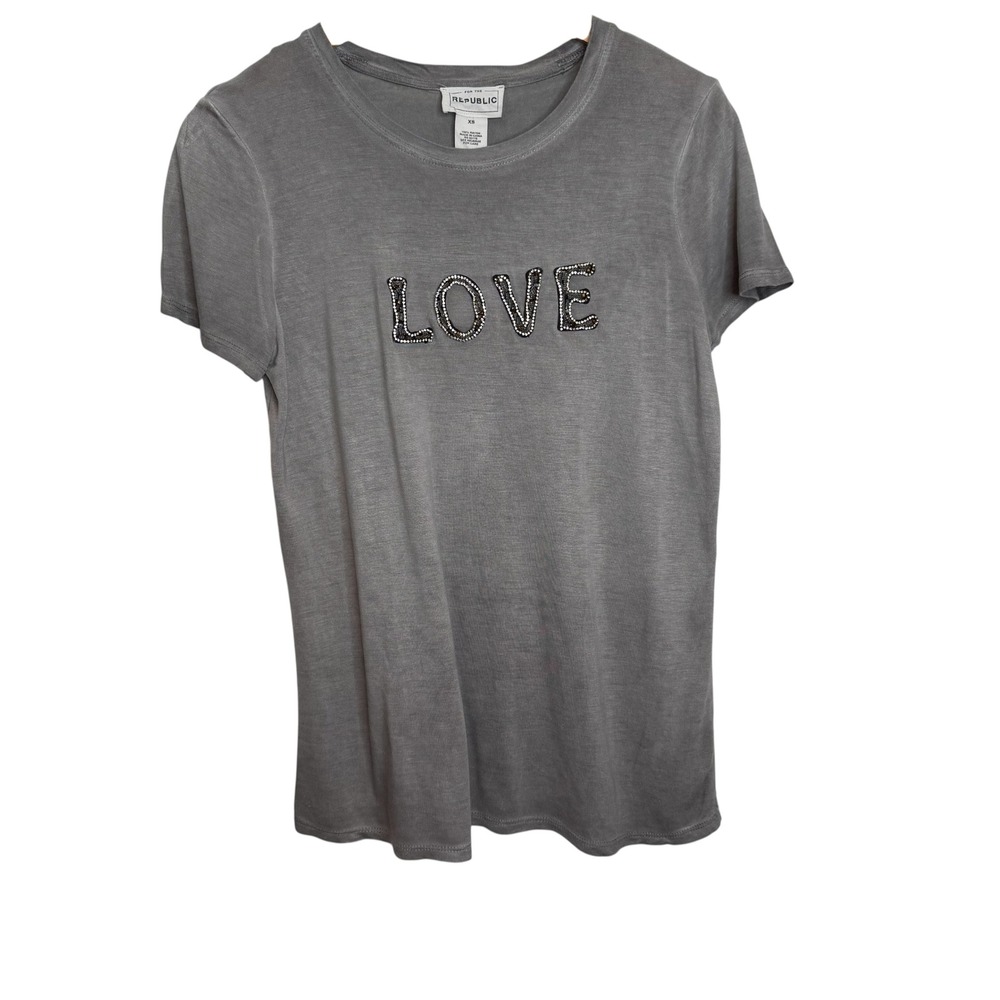 For The Republic Womens Grey LOVE Embellished Rhinestone Rayon Tee Shirt XS